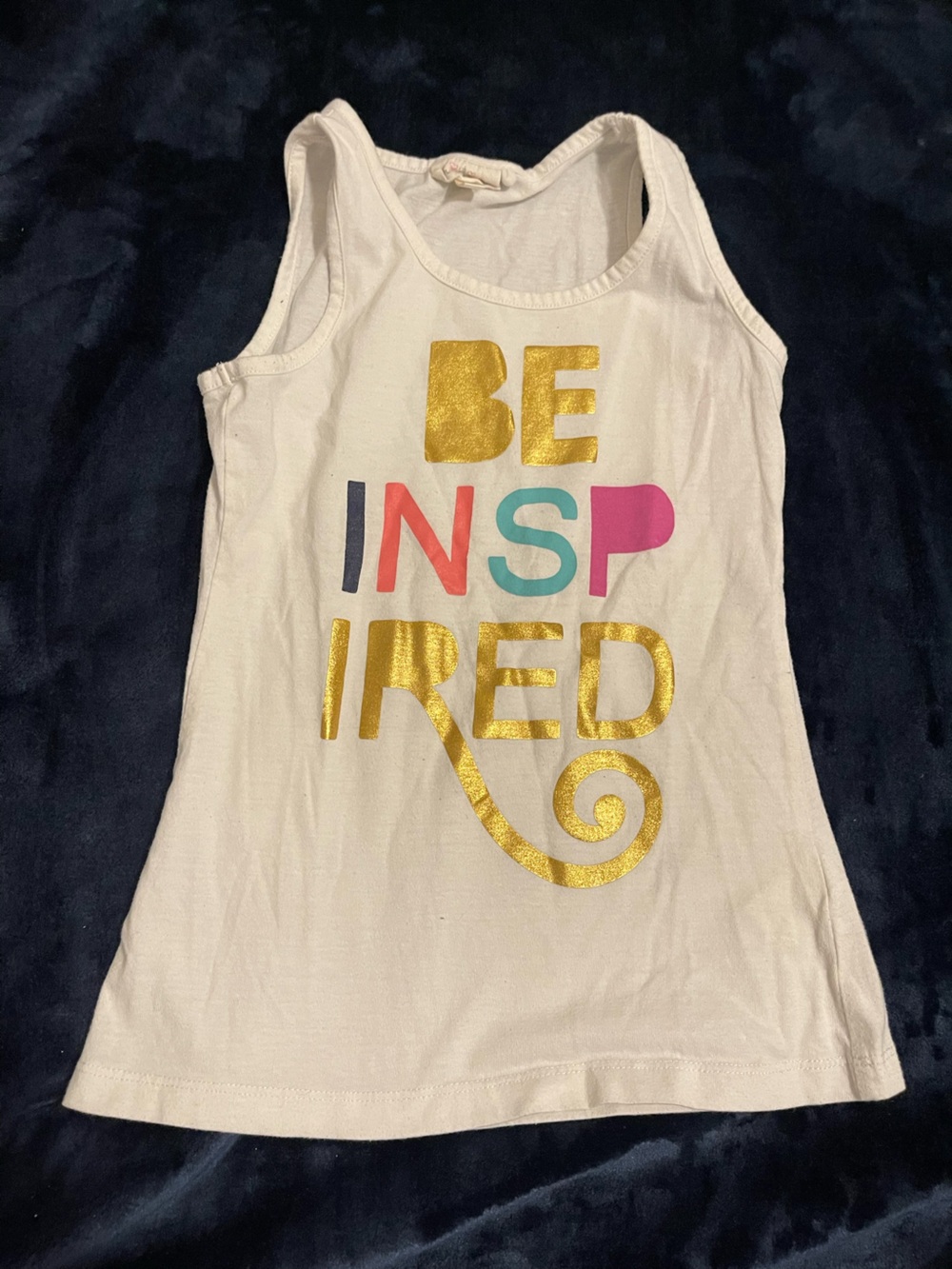 Self Esteem White Tank Top with Gold, Pink, Teal and Navy Foil 'BE INSPIRED'